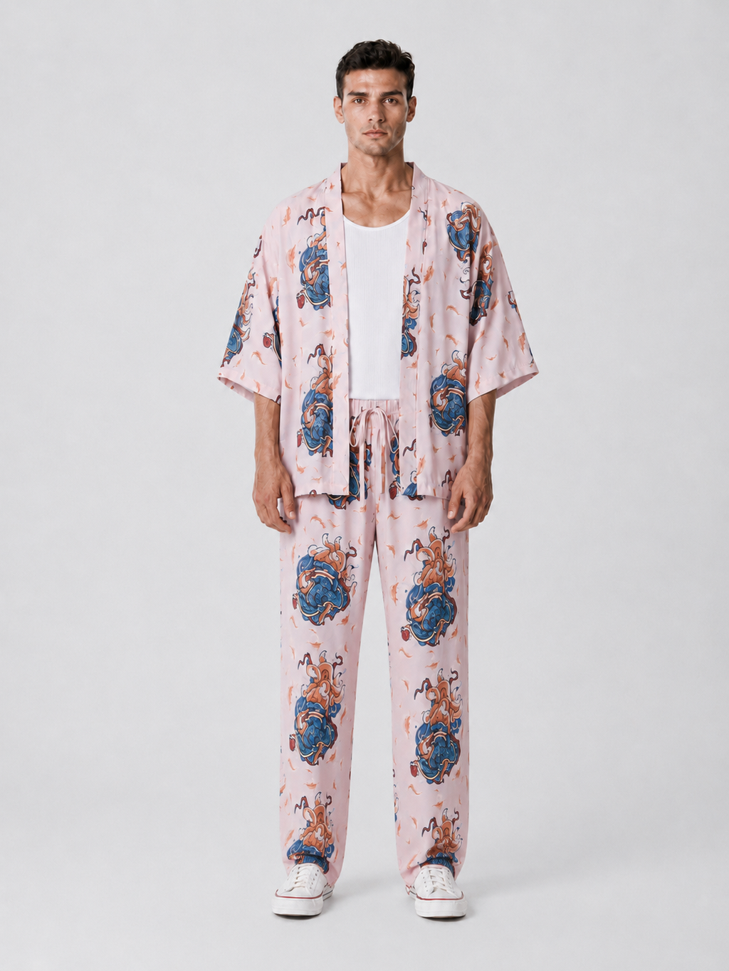 Pembe Kitsune Tilki Desenli Kimono Gömlek