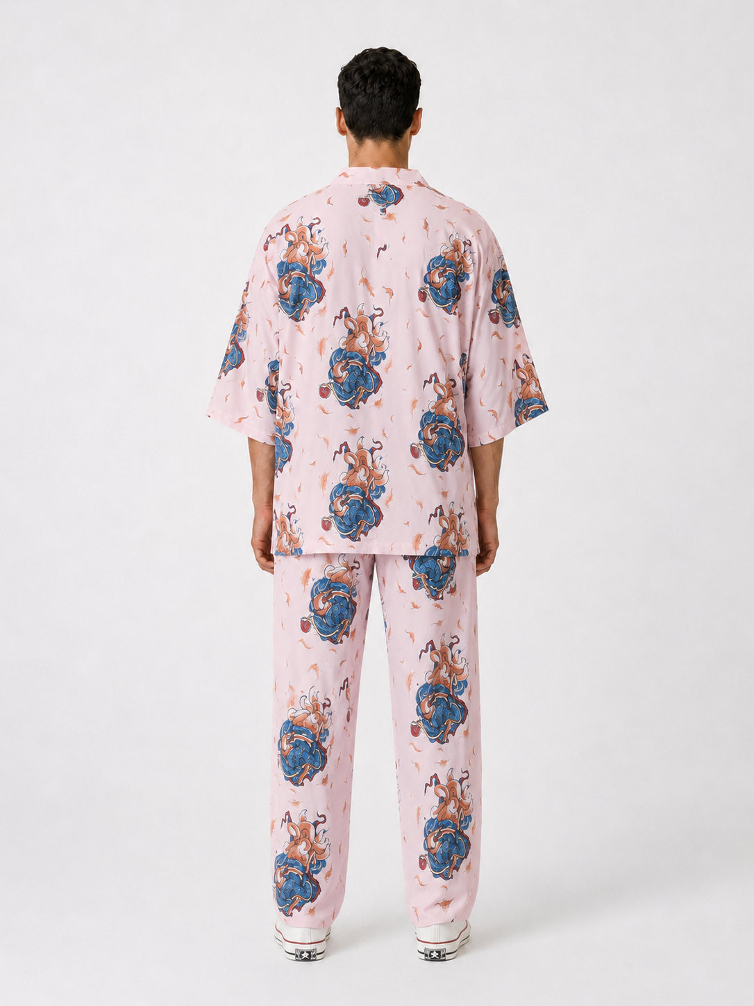 Pembe Kitsune Tilki Desenli Relaxed Fit Pantolon