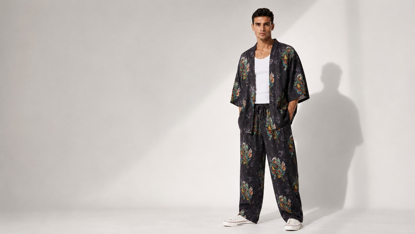 Antrasit Kirin Ejderha Desenli Relaxed Fit Pantolon