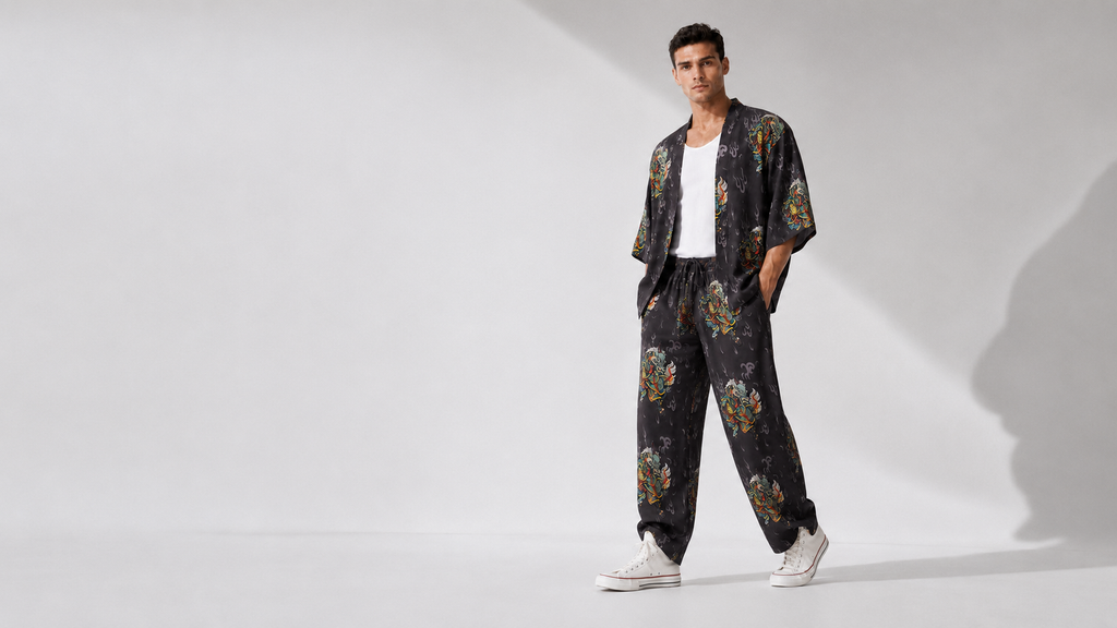 Antrasit Kirin Ejderha Desenli Relaxed Fit Pantolon