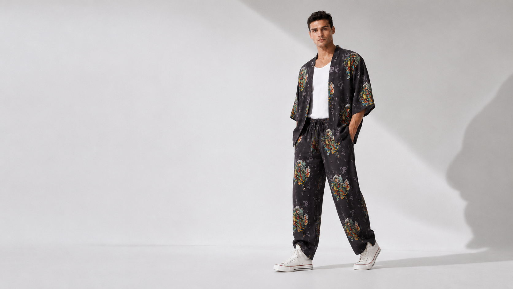 Antrasit Kirin Ejderha Desenli Relaxed Fit Pantolon