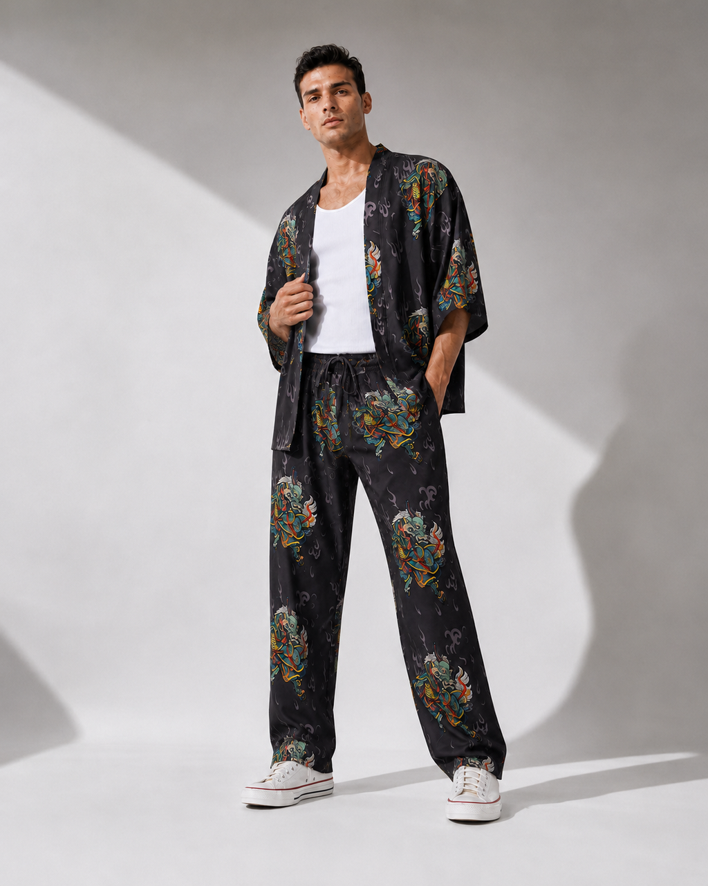 Antrasit Kirin Ejderha Desenli Relaxed Fit Pantolon