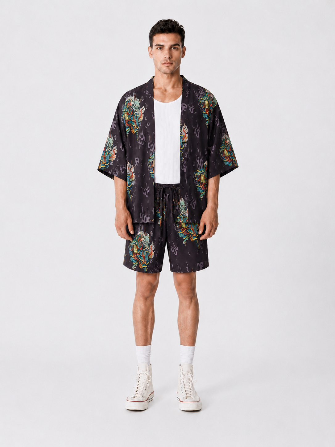 Antrasit Kirin Ejderha Desenli Kimono Gömlek