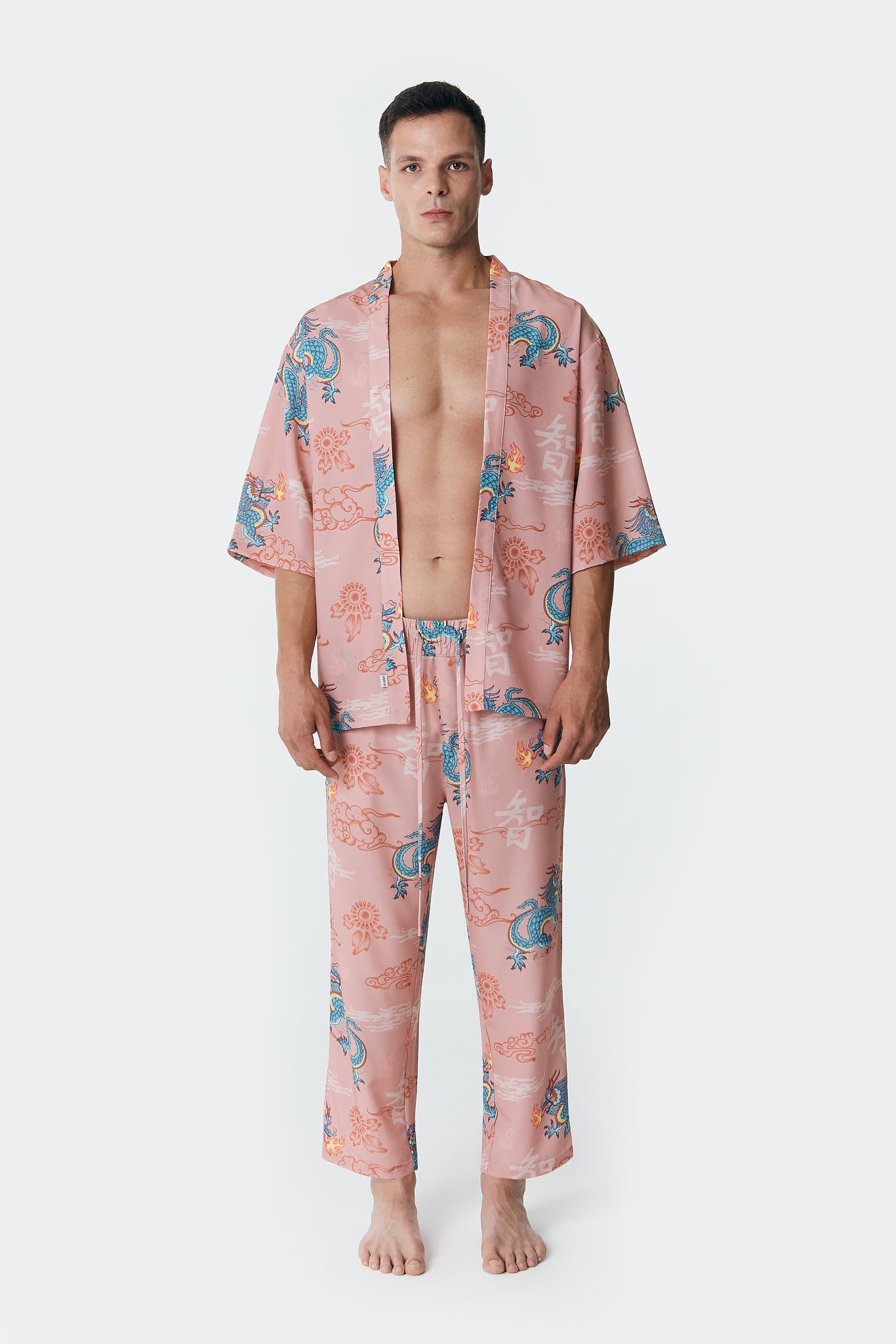 Ejderha Desenli Somon Rengi Kimono Gömlek