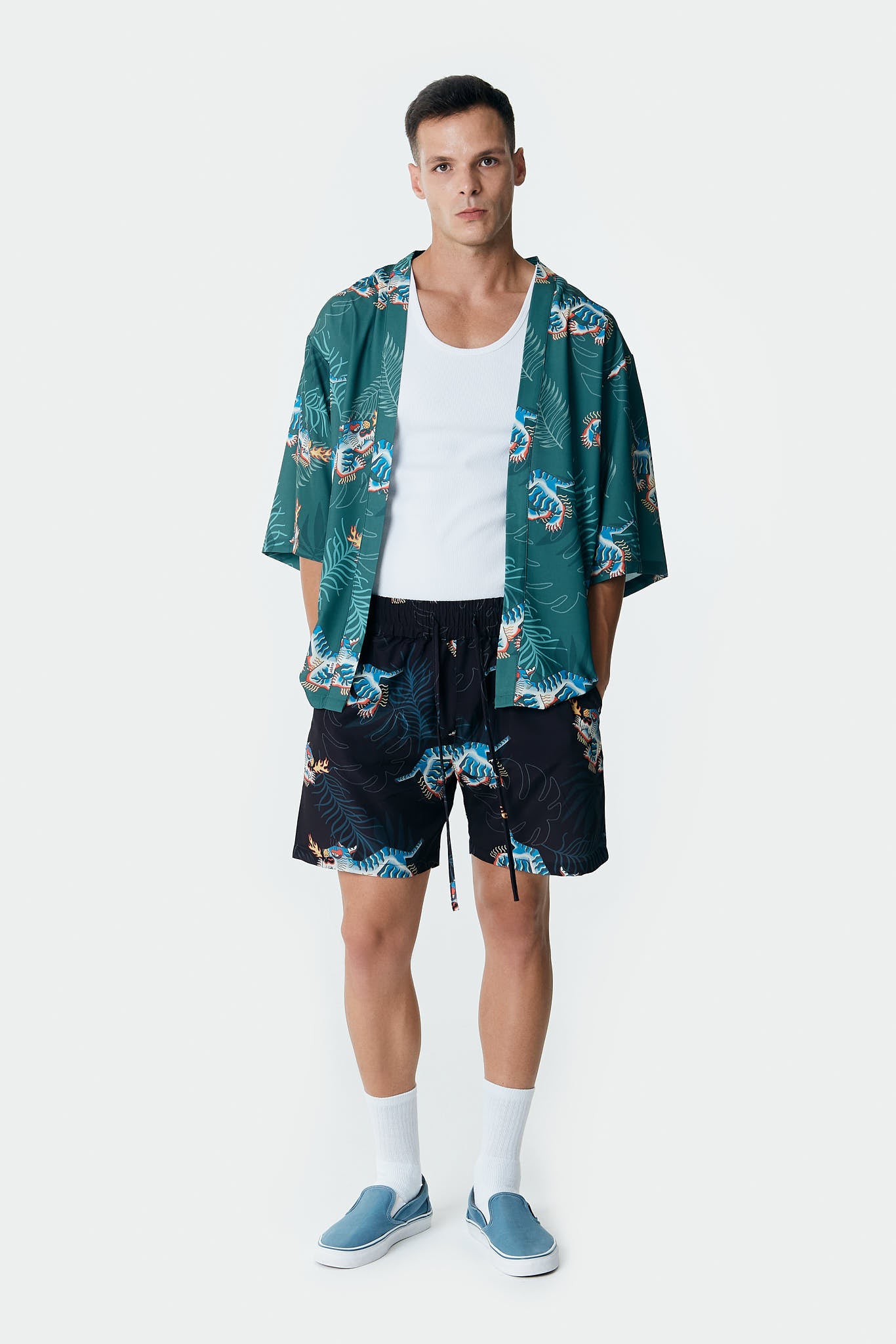 Kaplan Desenli Yeşil Kimono Gömlek