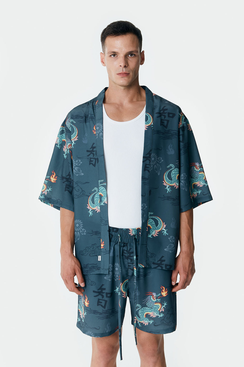 Ejderha Desenli Petrol Rengi Kimono Gömlek