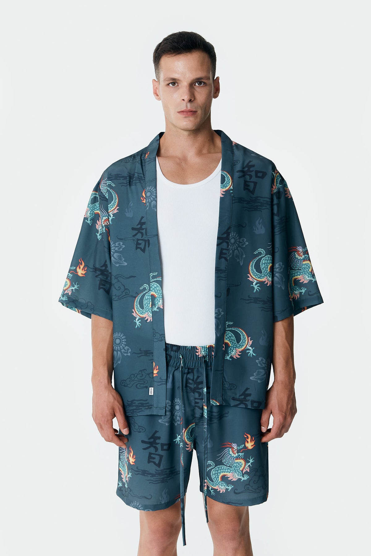 Ejderha Desenli Petrol Rengi Kimono Gömlek