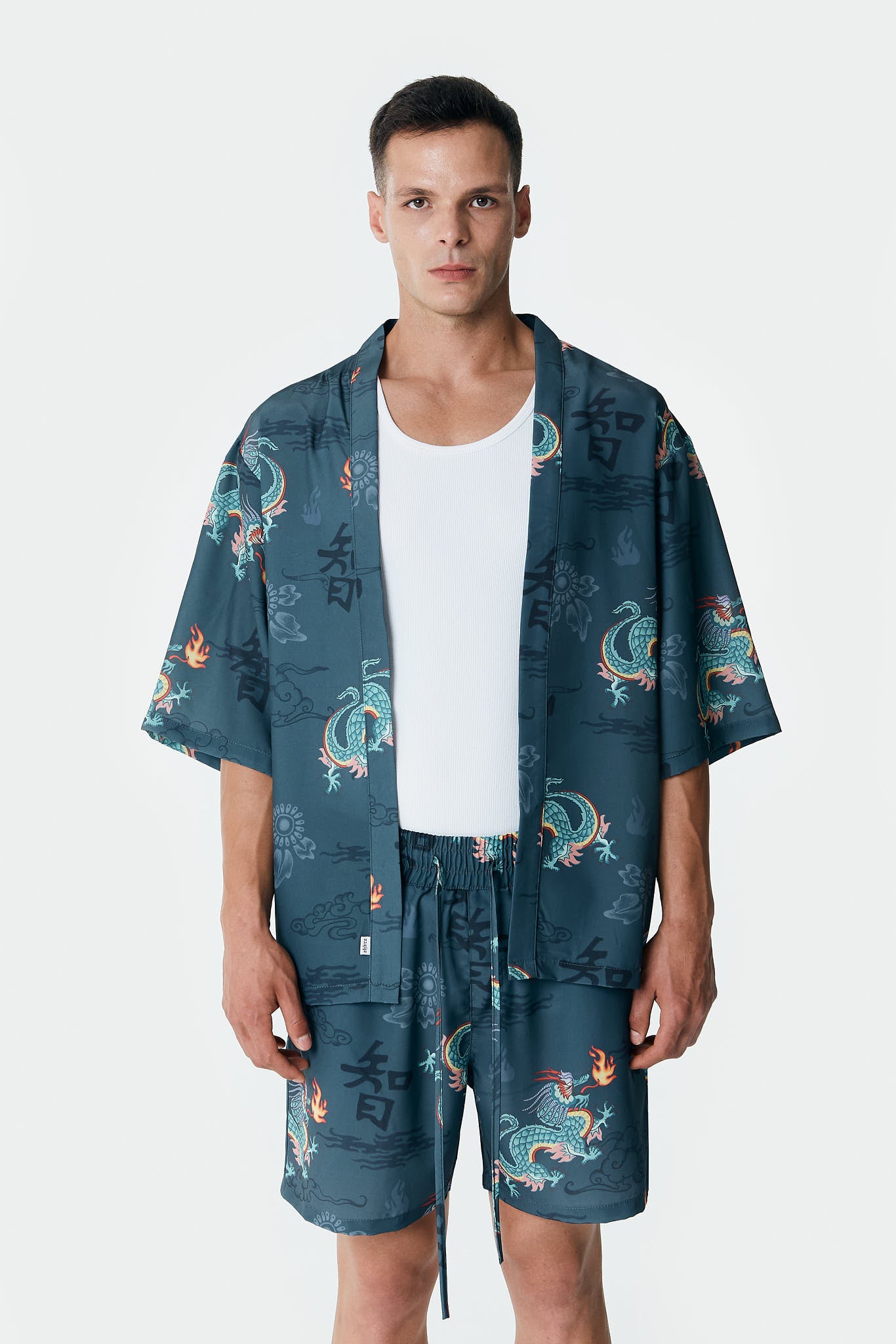 Ejderha Desenli Petrol Rengi Kimono Gömlek