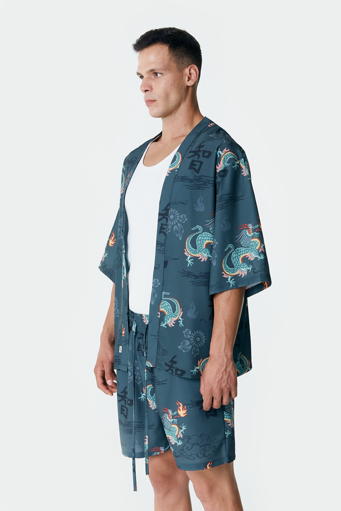 Ejderha Desenli Petrol Rengi Kimono Gömlek