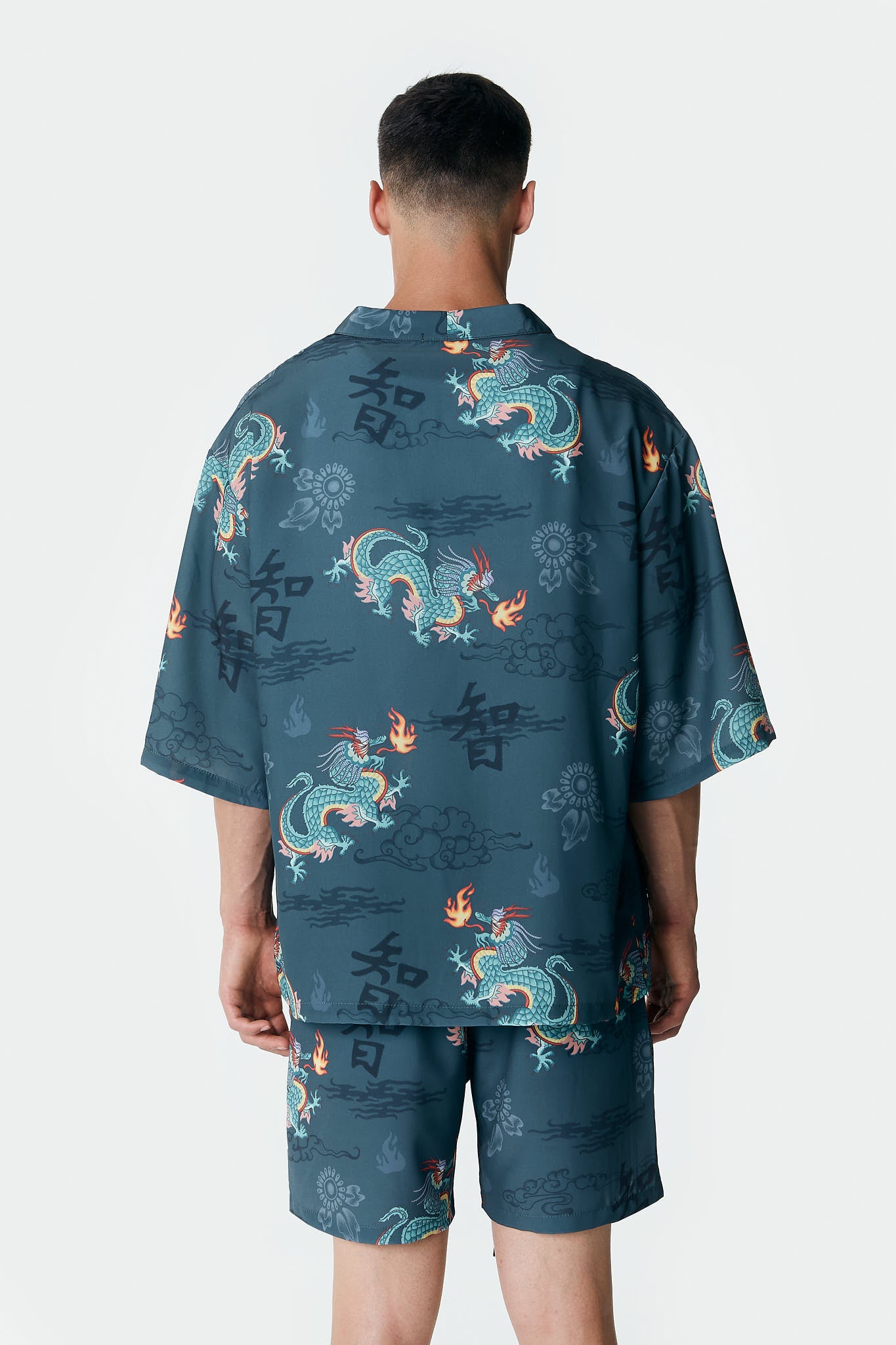 Ejderha Desenli Petrol Rengi Kimono Gömlek