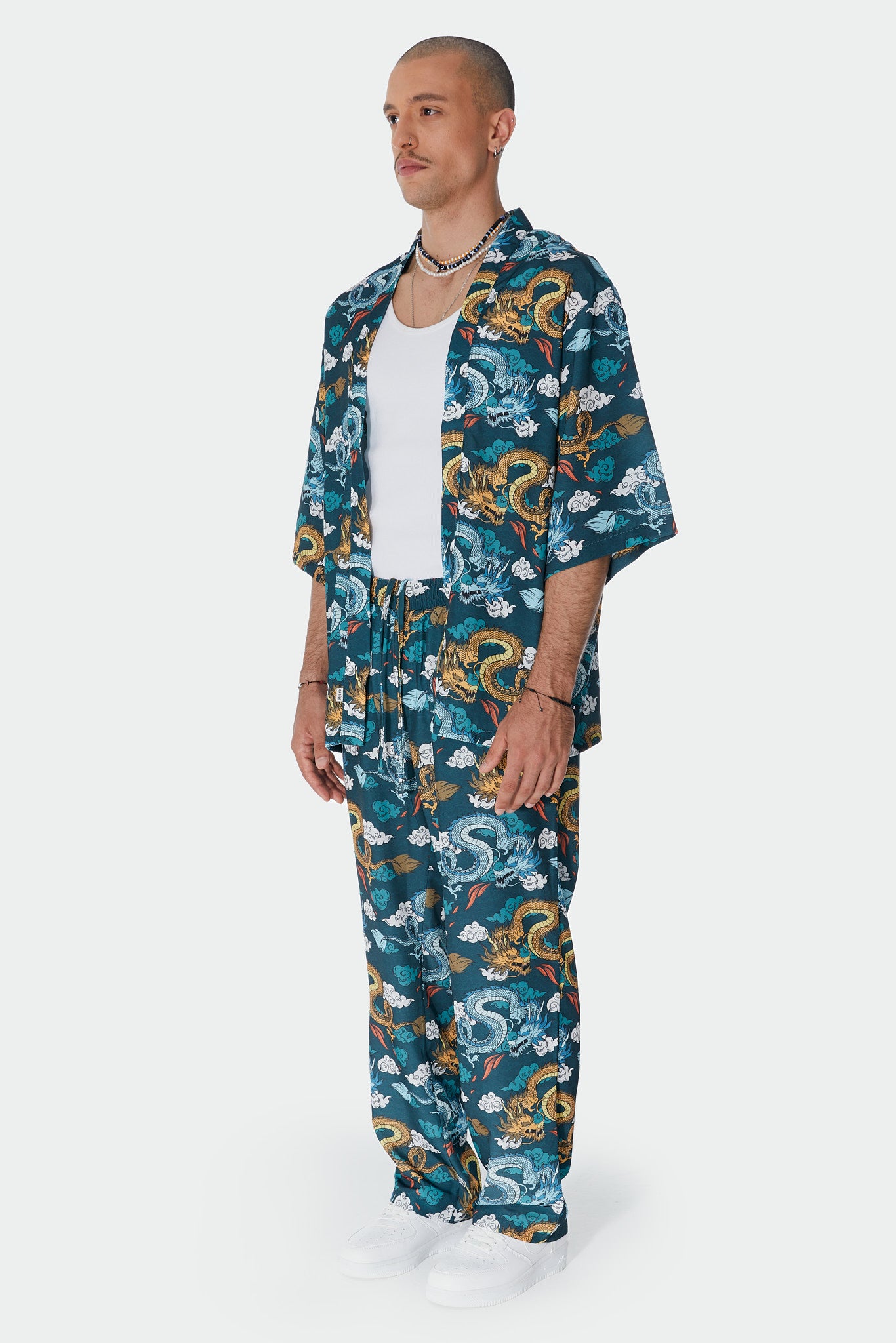 Ejderha Desenli Yeşil Kimono Gömlek