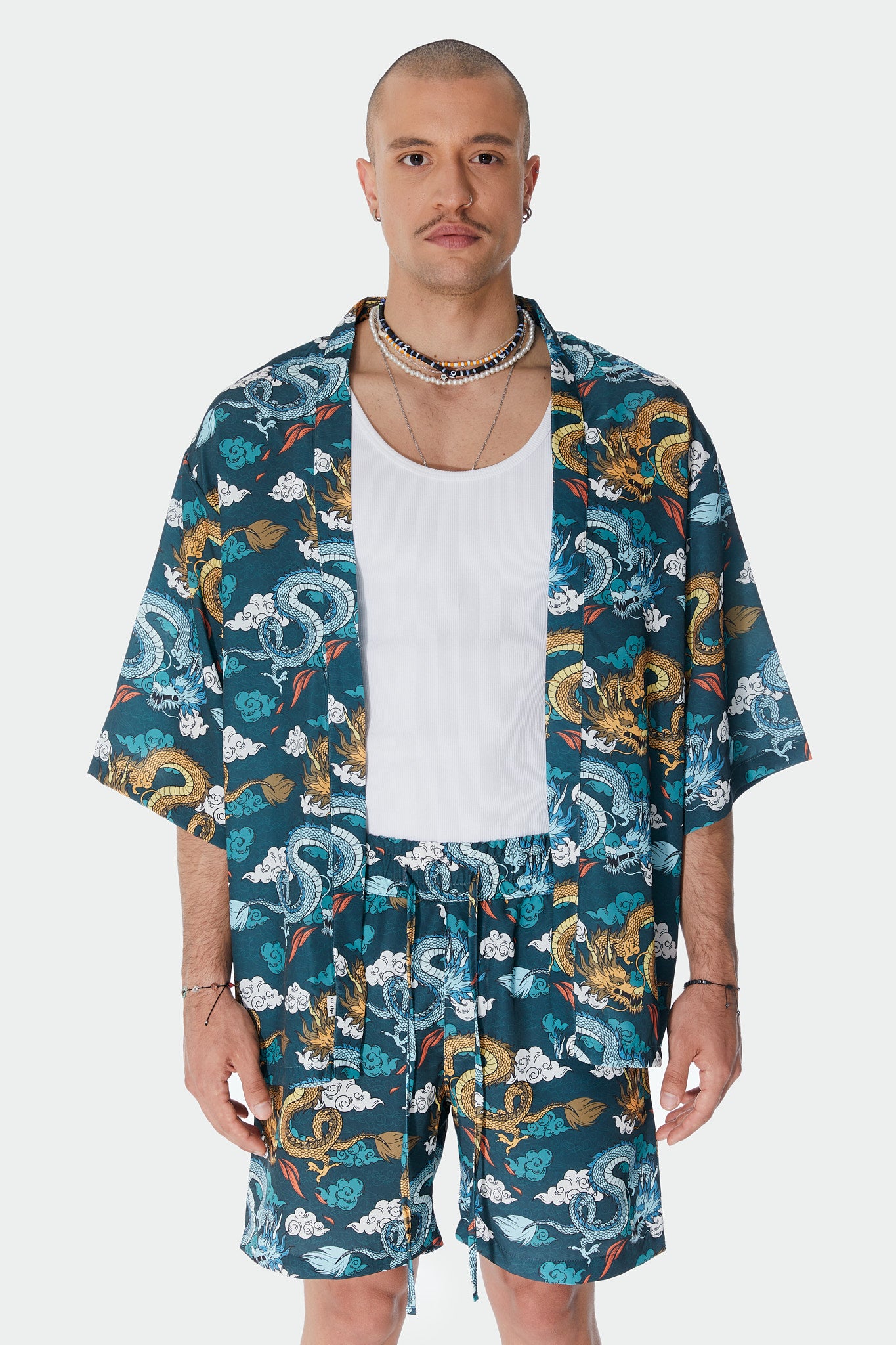 Ejderha Desenli Yeşil Kimono Gömlek