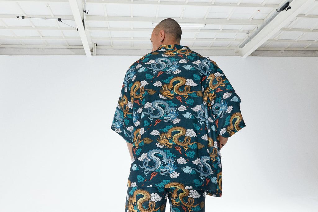 Ejderha Desenli Yeşil Kimono Gömlek