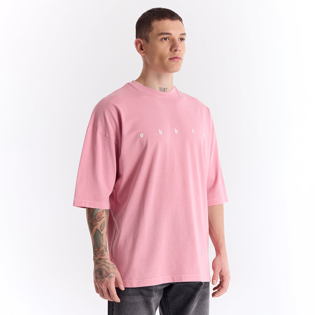 Açık Pembe Uzun Logo Super Oversize Tişört