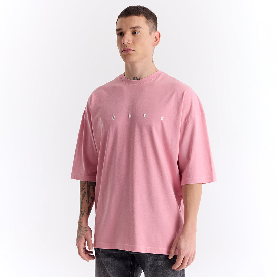 Açık Pembe Uzun Logo Super Oversize Tişört