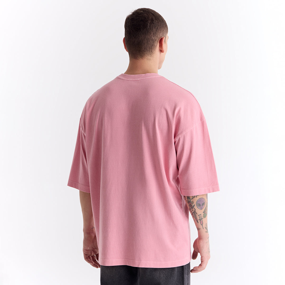 Açık Pembe Uzun Logo Super Oversize Tişört
