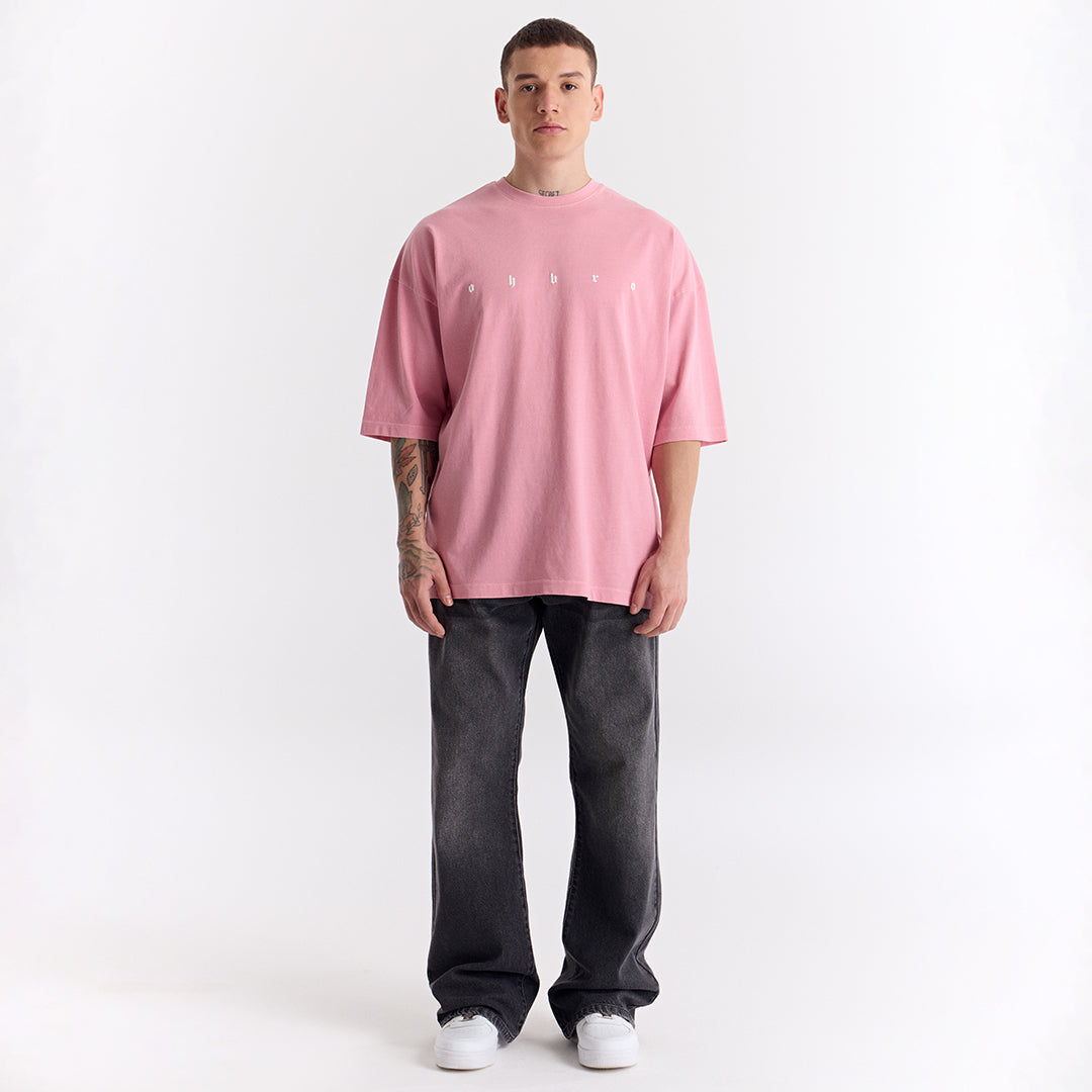 Açık Pembe Uzun Logo Super Oversize Tişört