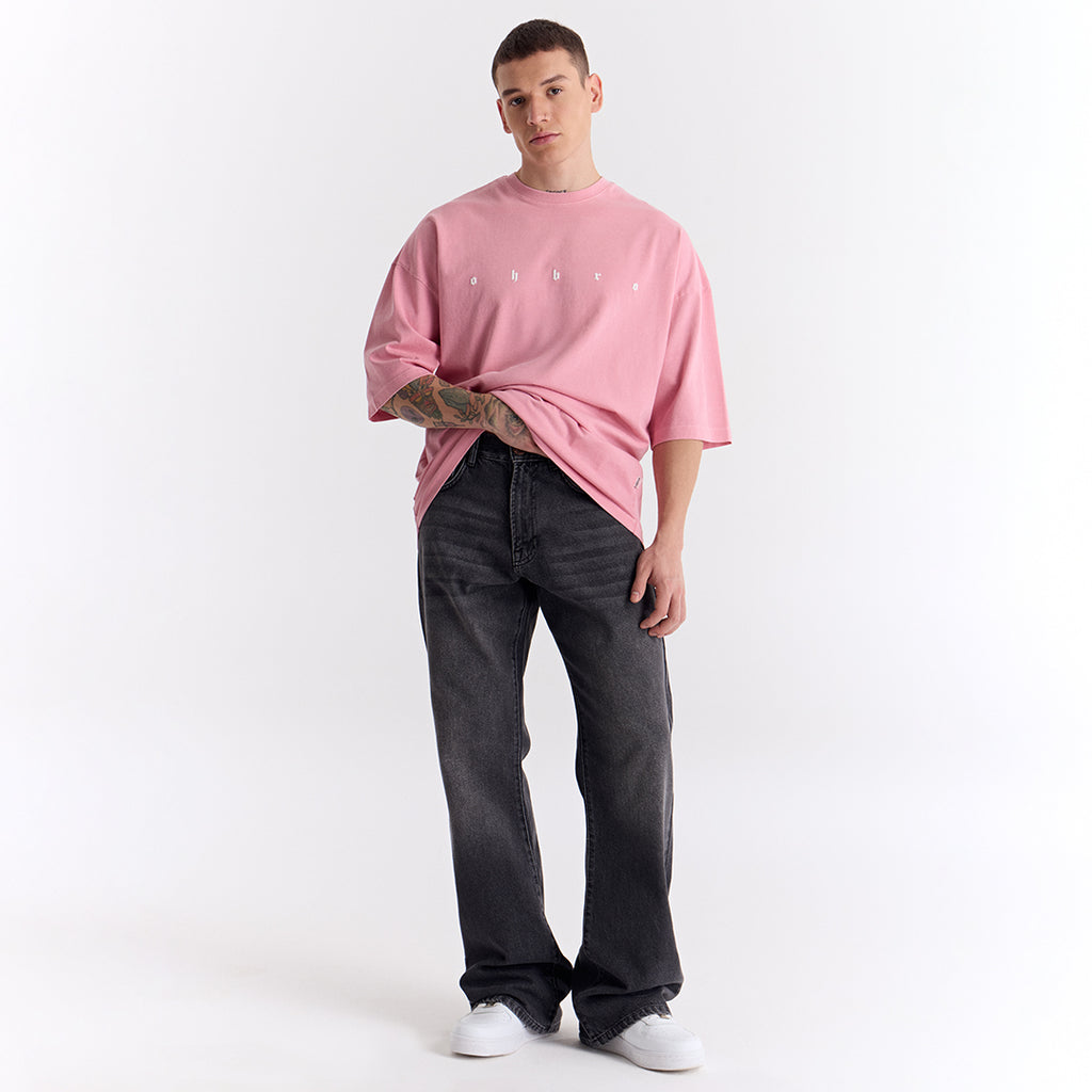 Açık Pembe Uzun Logo Super Oversize Tişört
