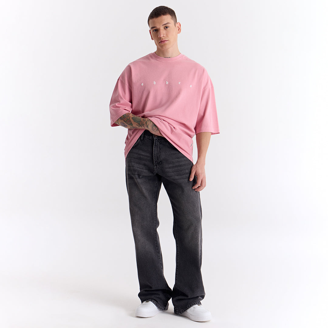 Açık Pembe Uzun Logo Super Oversize Tişört