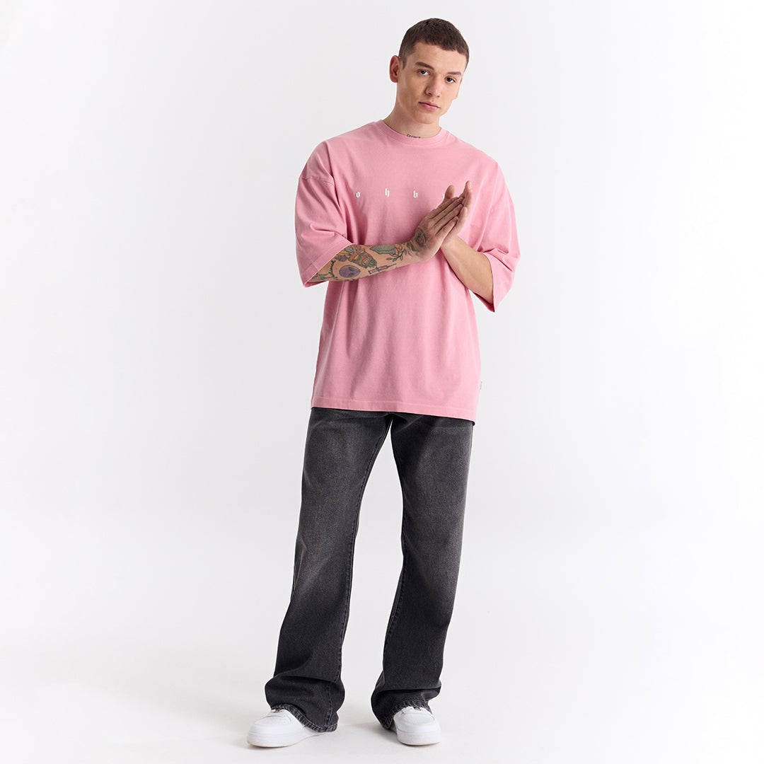 Açık Pembe Uzun Logo Super Oversize Tişört