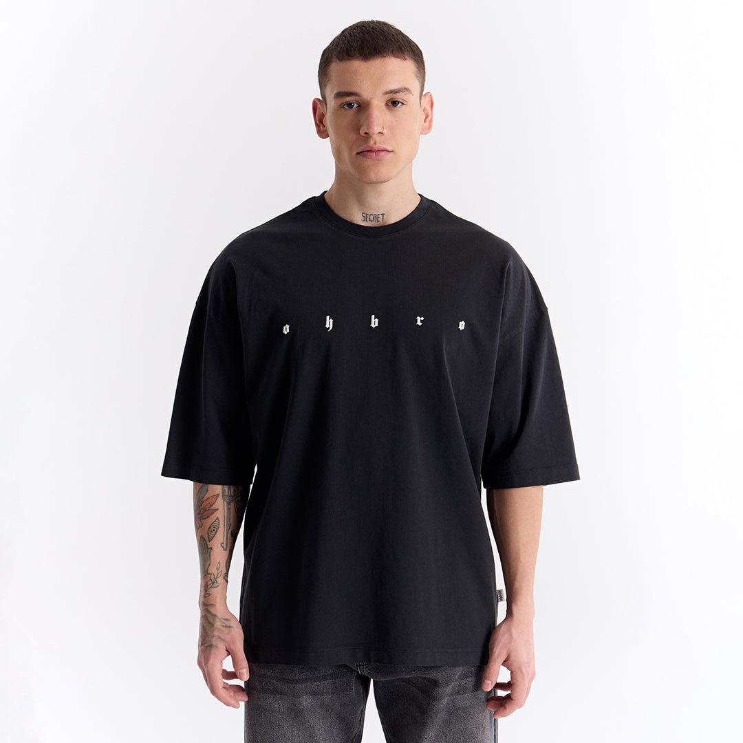 Siyah Uzun Logo Super Oversize Tişört