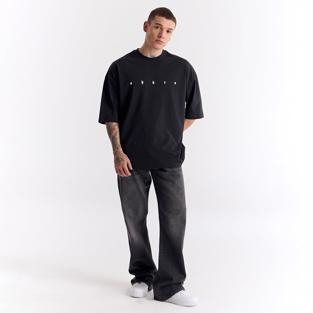 Siyah Uzun Logo Super Oversize Tişört