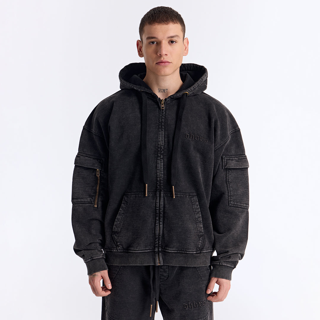 Siyah Yıkamalı Kapüşonlu Fermuarlı Oversize Cep Detaylı Sweatshirt