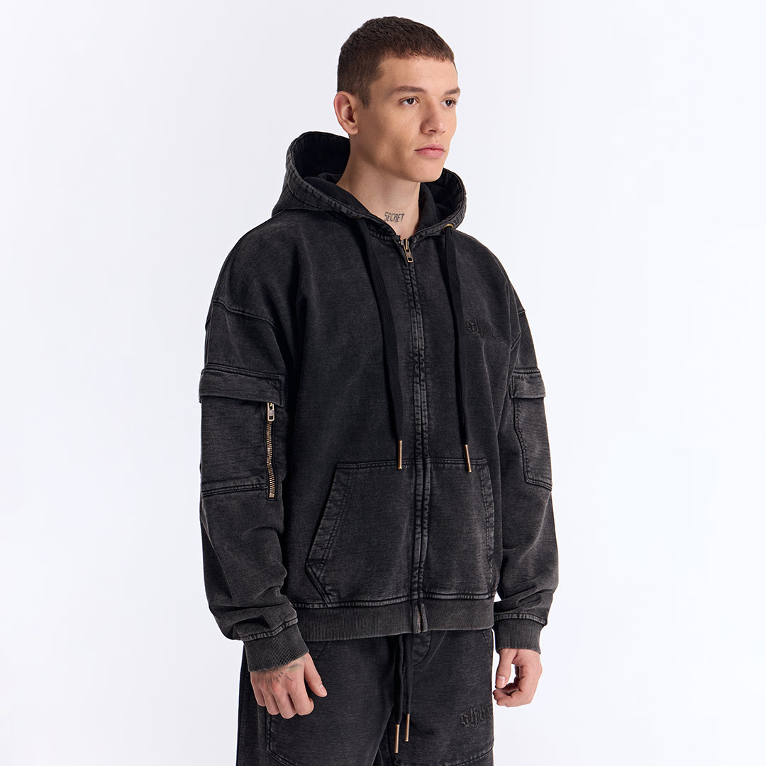 Siyah Yıkamalı Kapüşonlu Fermuarlı Oversize Cep Detaylı Sweatshirt