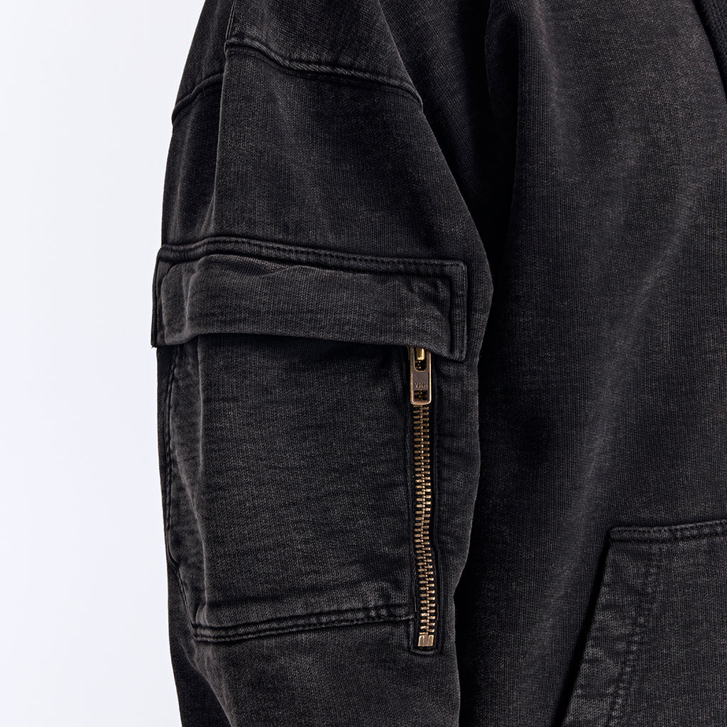 Siyah Yıkamalı Kapüşonlu Fermuarlı Oversize Cep Detaylı Sweatshirt
