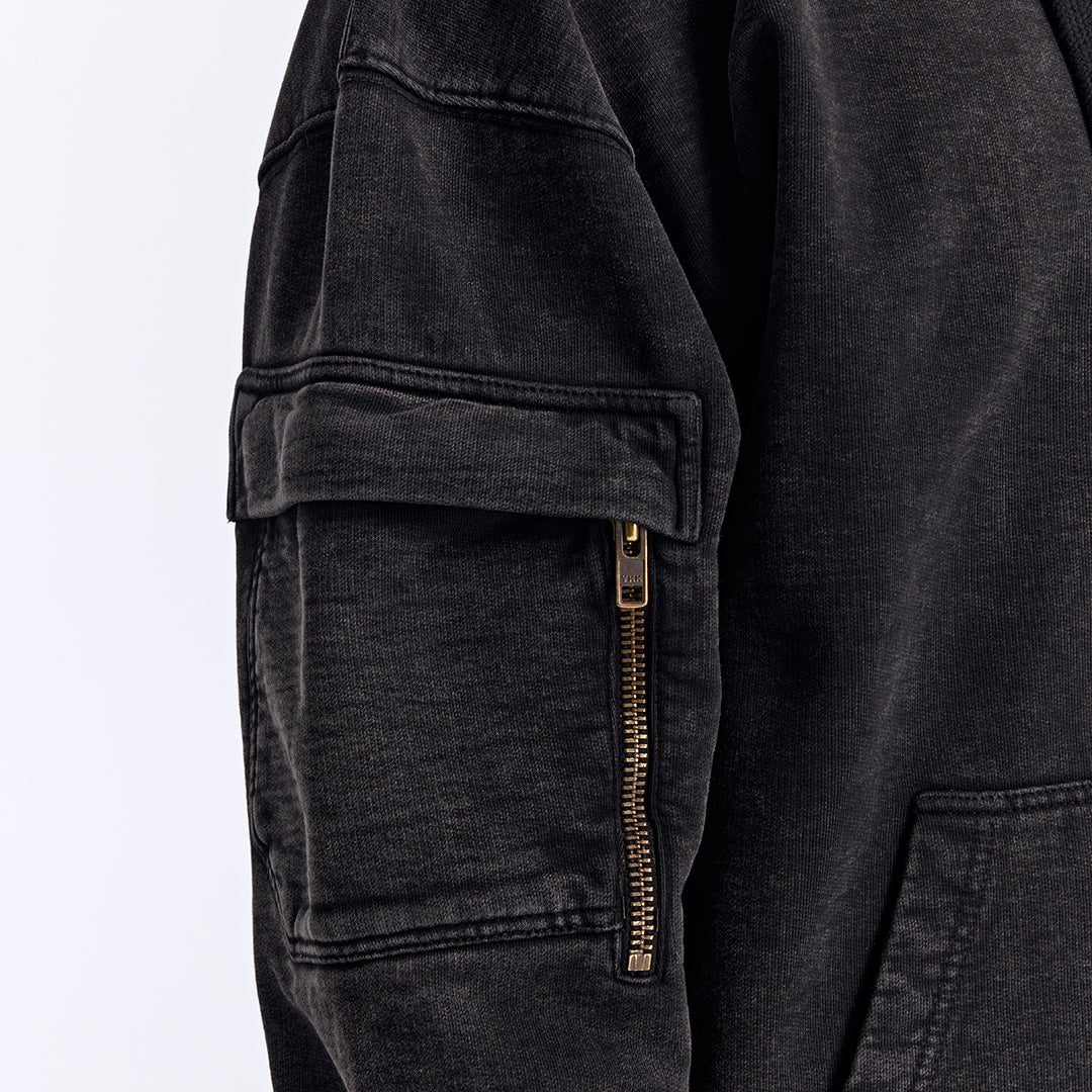 Siyah Yıkamalı Kapüşonlu Fermuarlı Oversize Cep Detaylı Sweatshirt