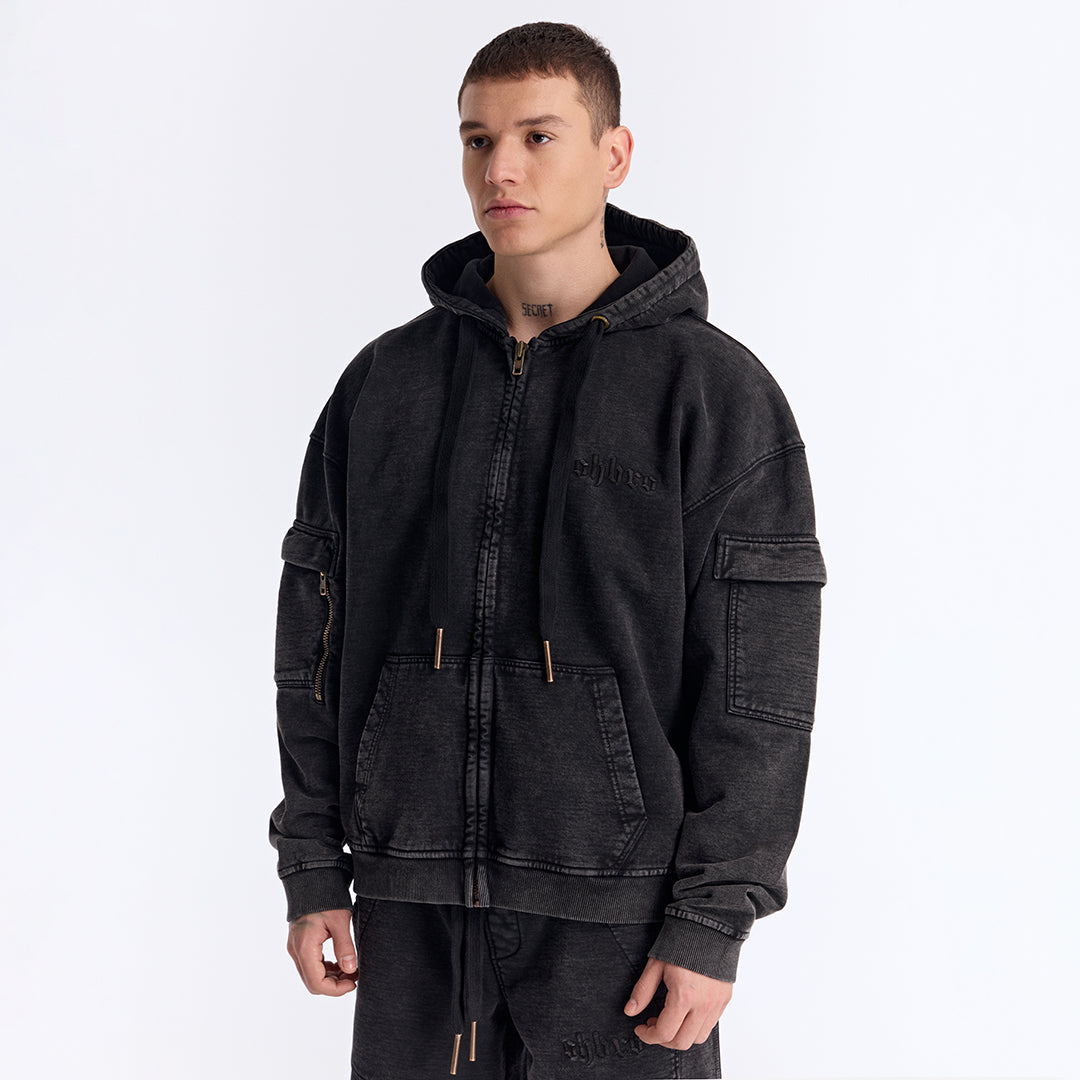 Siyah Yıkamalı Kapüşonlu Fermuarlı Oversize Cep Detaylı Sweatshirt