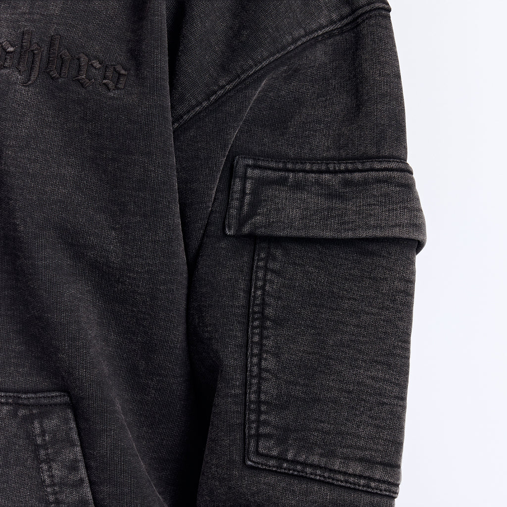Siyah Yıkamalı Kapüşonlu Fermuarlı Oversize Cep Detaylı Sweatshirt