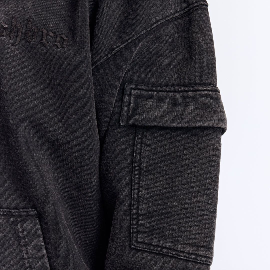 Siyah Yıkamalı Kapüşonlu Fermuarlı Oversize Cep Detaylı Sweatshirt