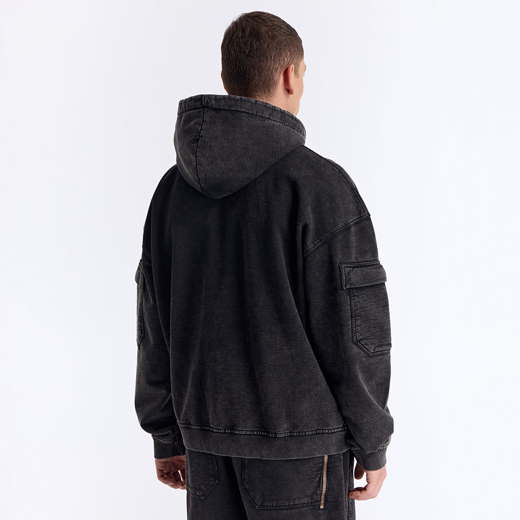 Siyah Yıkamalı Kapüşonlu Fermuarlı Oversize Cep Detaylı Sweatshirt