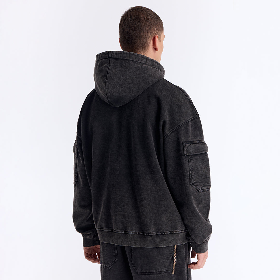 Siyah Yıkamalı Kapüşonlu Fermuarlı Oversize Cep Detaylı Sweatshirt