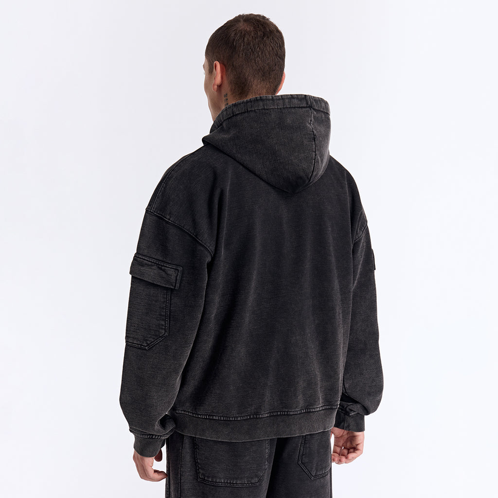Siyah Yıkamalı Kapüşonlu Fermuarlı Oversize Cep Detaylı Sweatshirt