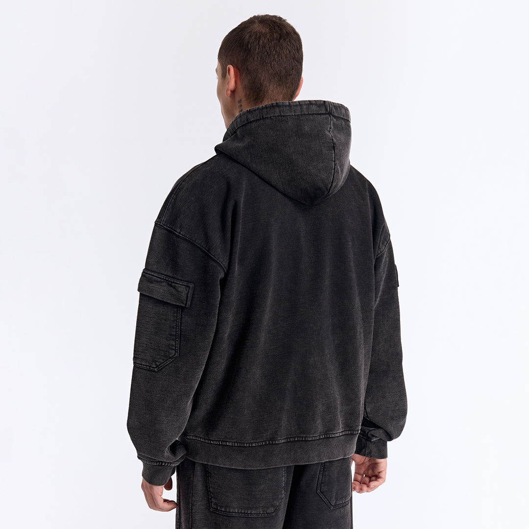 Siyah Yıkamalı Kapüşonlu Fermuarlı Oversize Cep Detaylı Sweatshirt