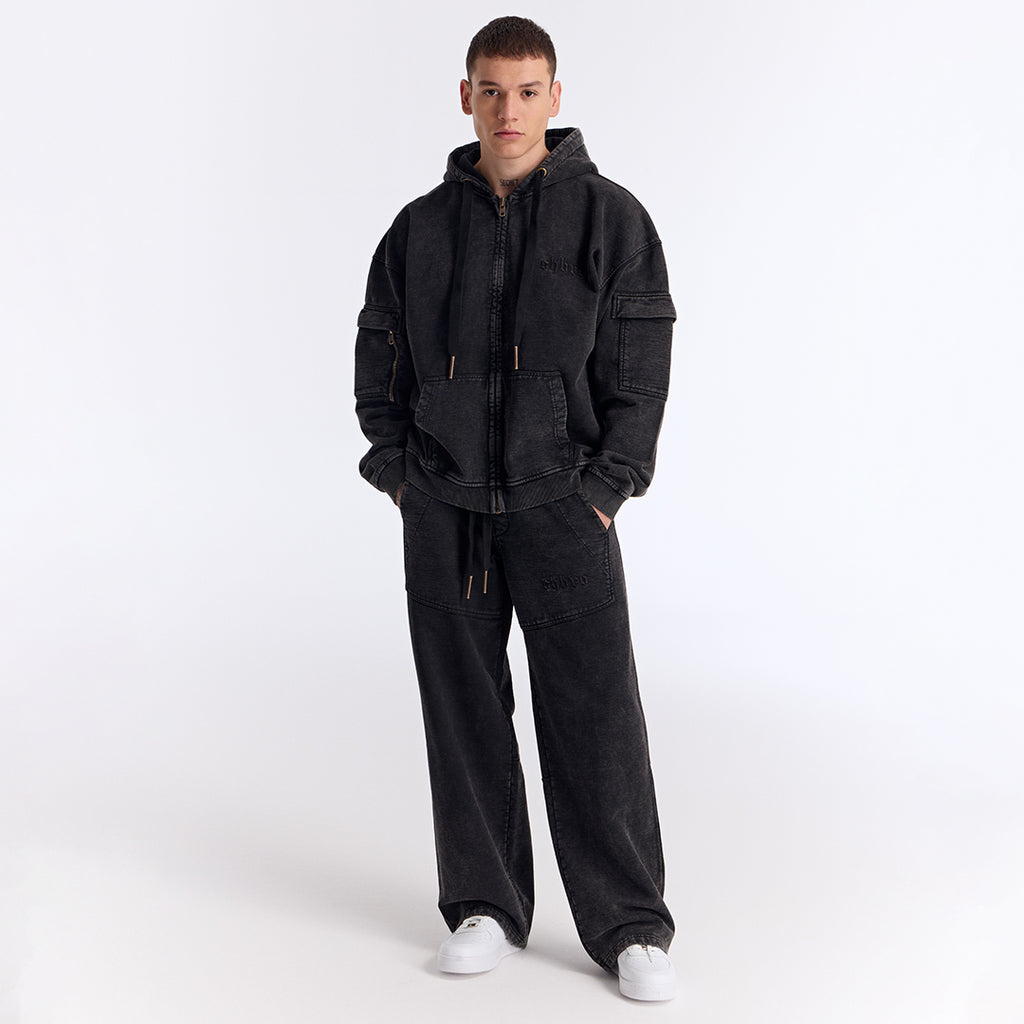 Siyah Yıkamalı Kapüşonlu Fermuarlı Oversize Cep Detaylı Sweatshirt