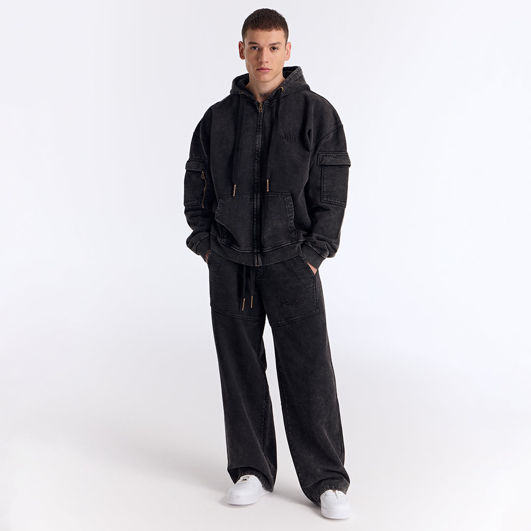 Siyah Yıkamalı Kapüşonlu Fermuarlı Oversize Cep Detaylı Sweatshirt