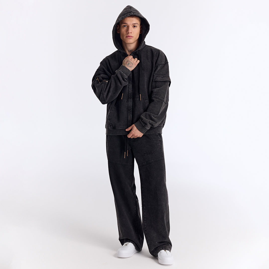 Siyah Yıkamalı Kapüşonlu Fermuarlı Oversize Cep Detaylı Sweatshirt