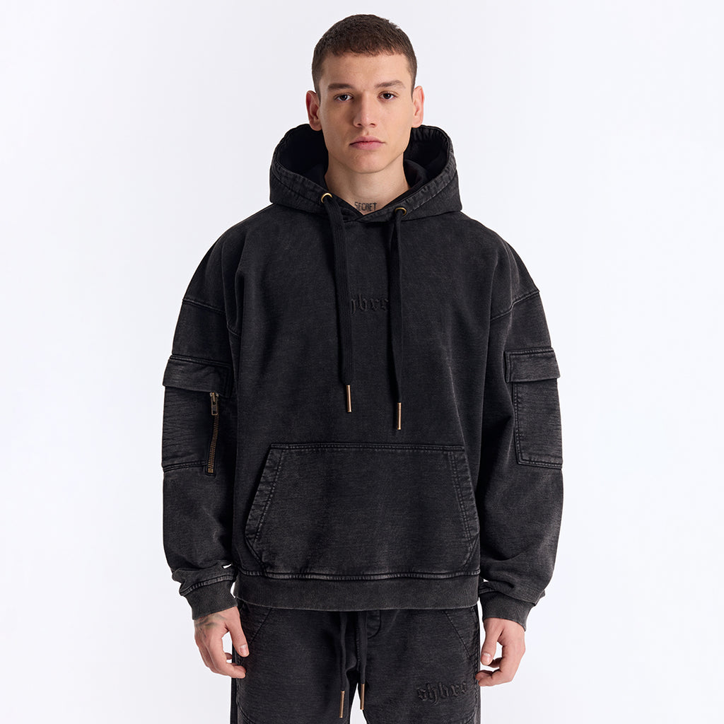 Siyah Yıkamalı Kapüşonlu Oversize Cep Detaylı Sweatshirt