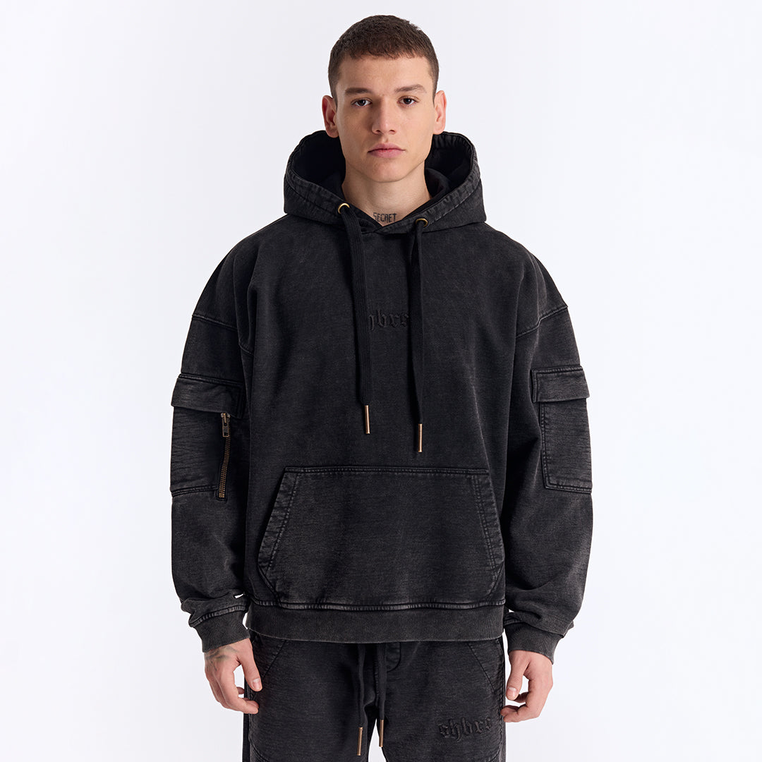 Siyah Yıkamalı Kapüşonlu Oversize Cep Detaylı Sweatshirt