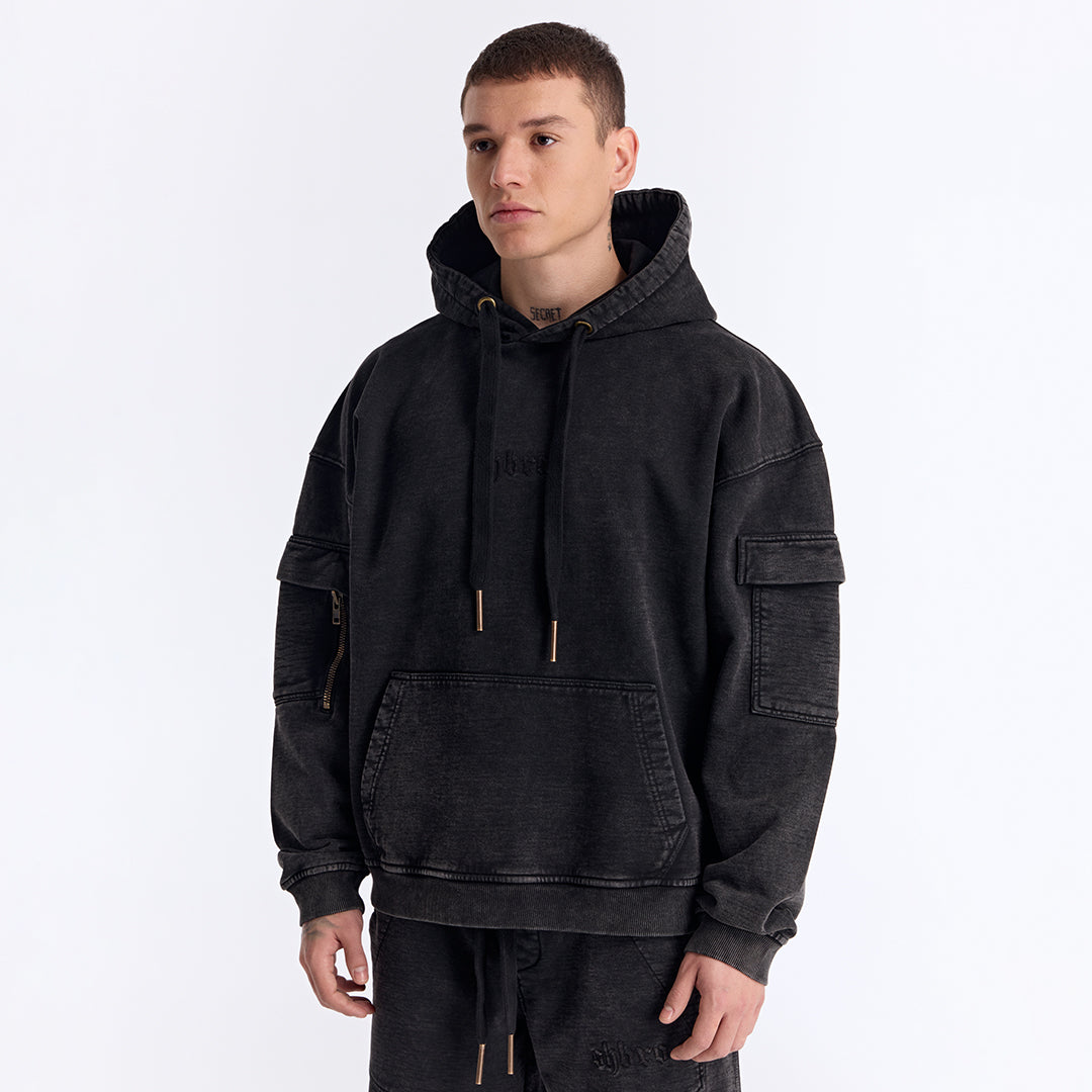 Siyah Yıkamalı Kapüşonlu Oversize Cep Detaylı Sweatshirt