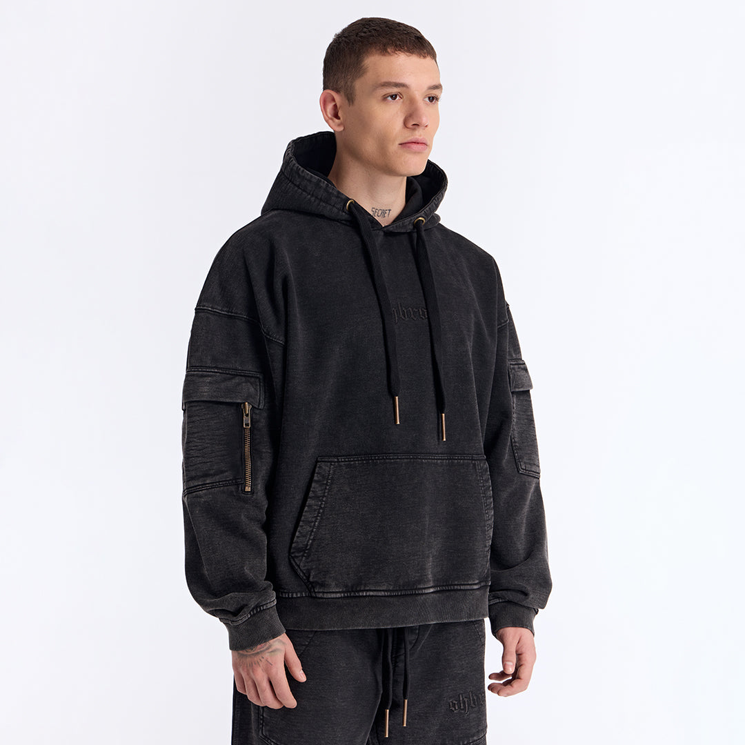 Siyah Yıkamalı Kapüşonlu Oversize Cep Detaylı Sweatshirt