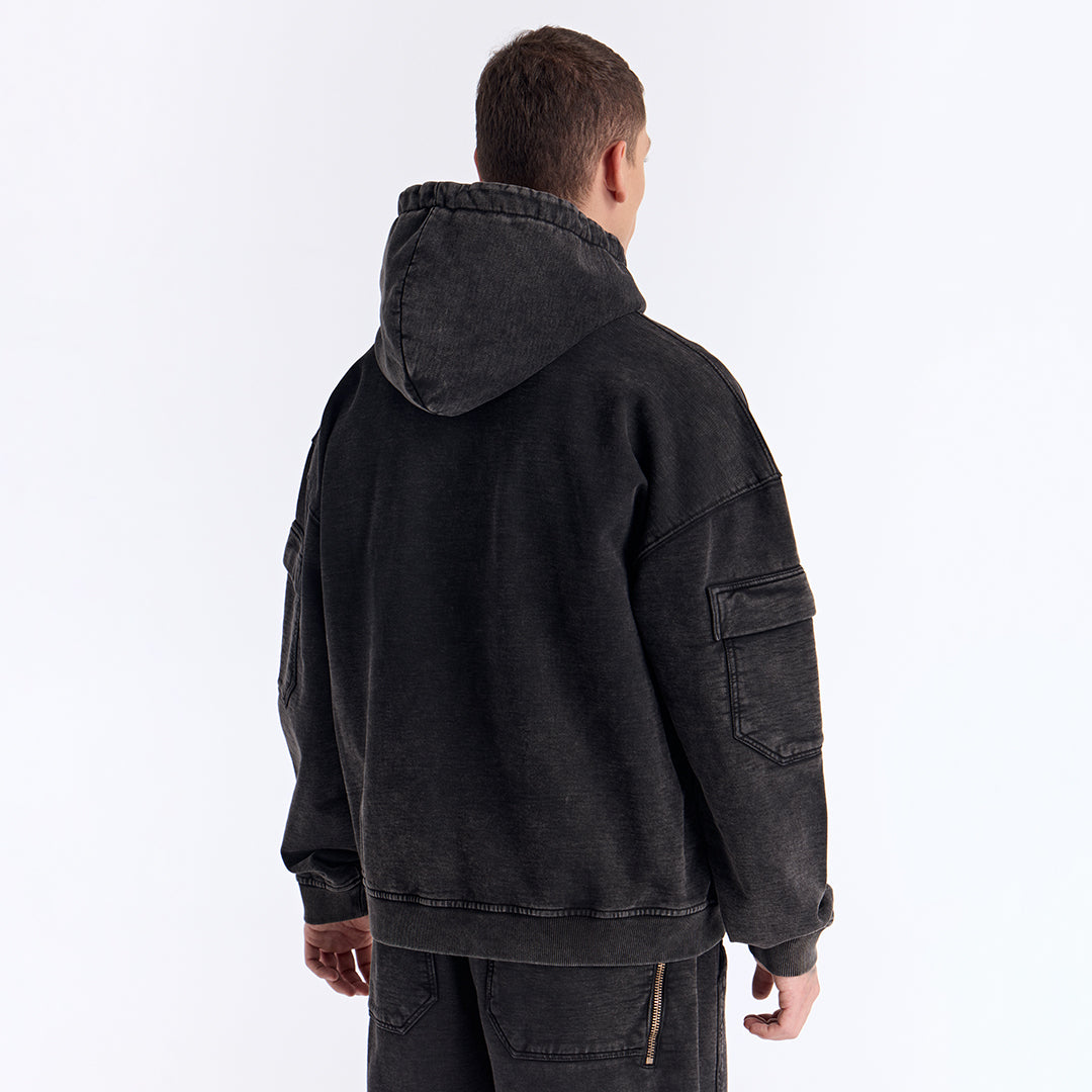 Siyah Yıkamalı Kapüşonlu Oversize Cep Detaylı Sweatshirt