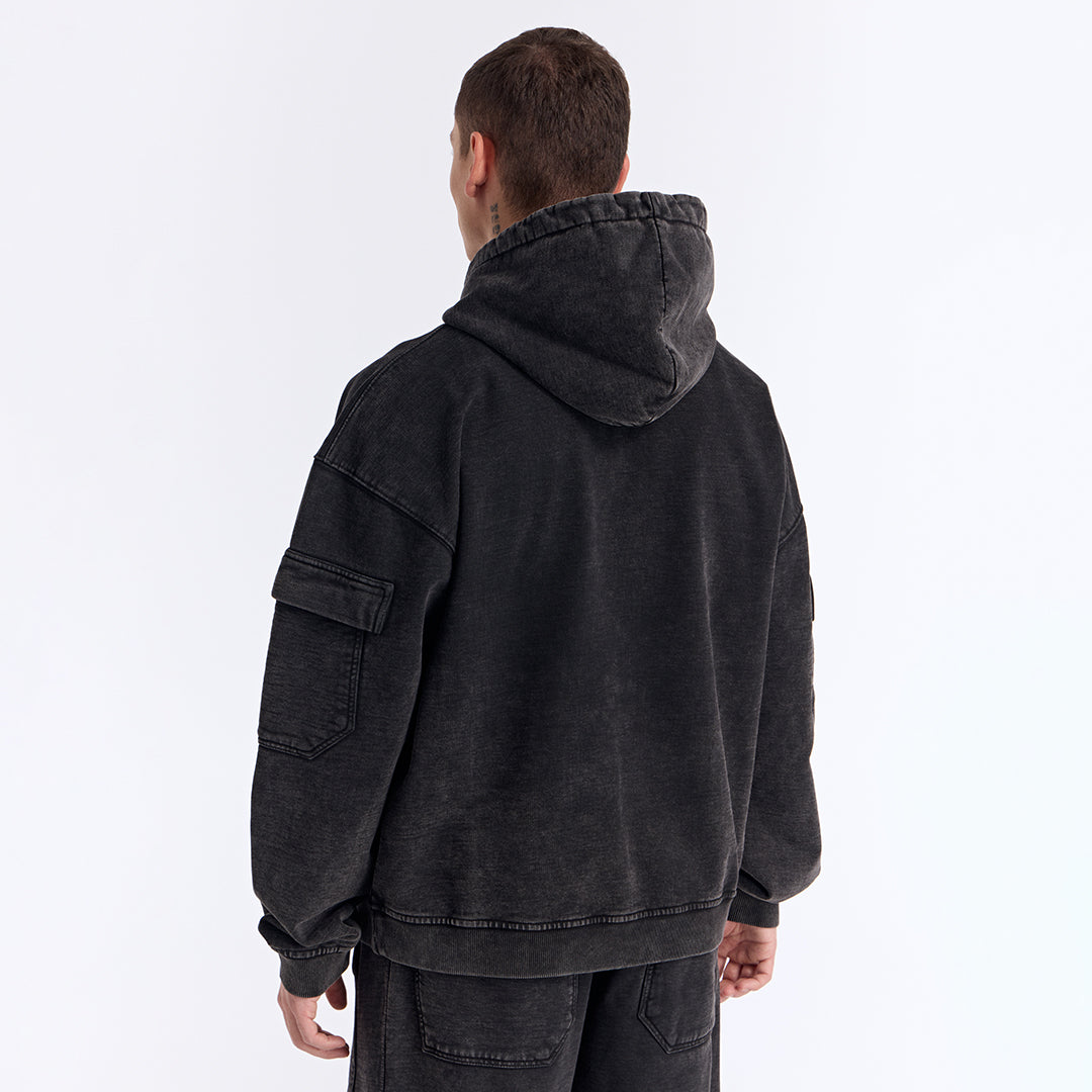 Siyah Yıkamalı Kapüşonlu Oversize Cep Detaylı Sweatshirt