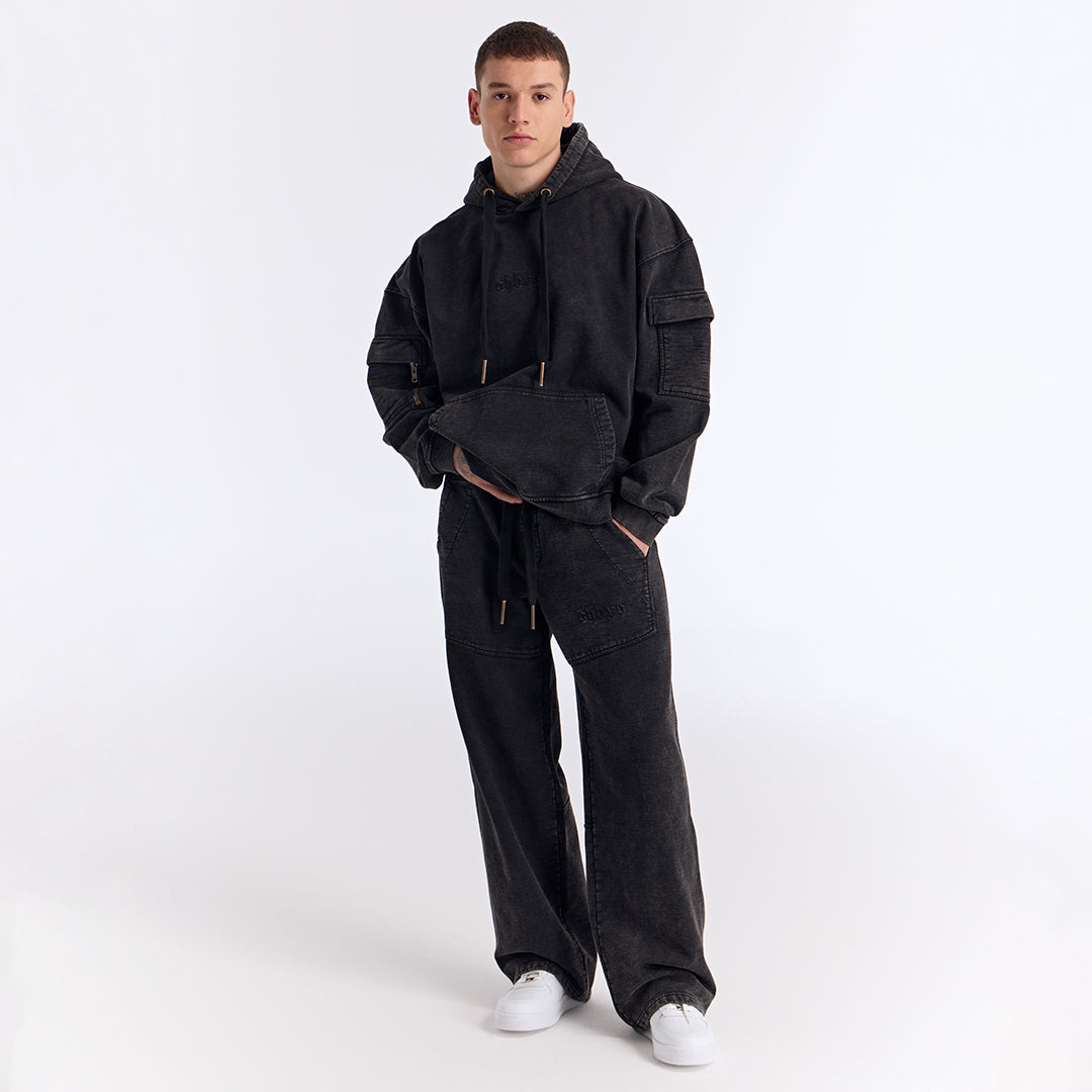 Siyah Yıkamalı Kapüşonlu Oversize Cep Detaylı Sweatshirt