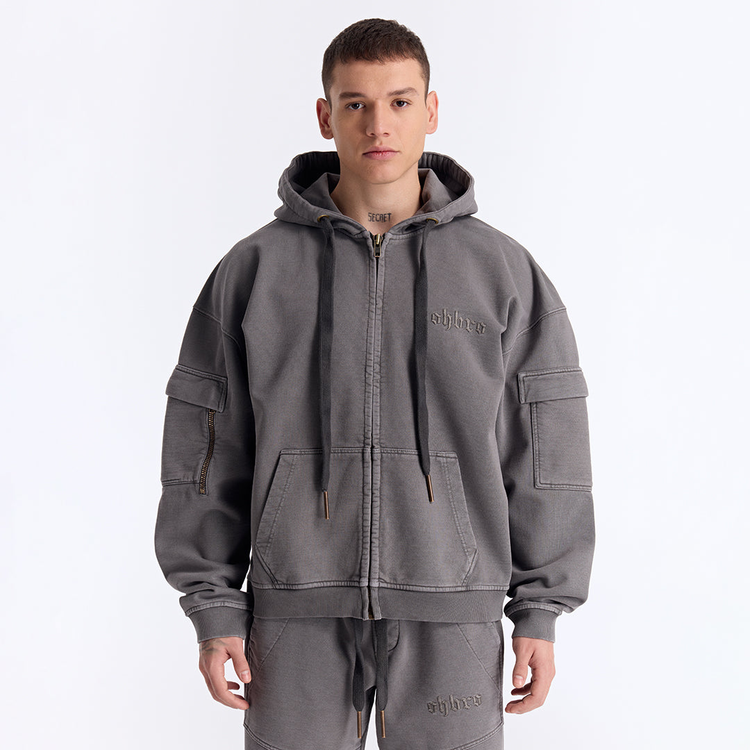 Gri Yıkamalı Kapüşonlu Fermuarlı Oversize Cep Detaylı Sweatshirt