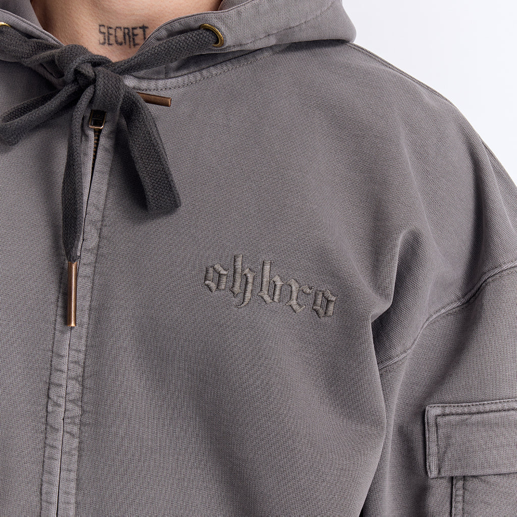 Gri Yıkamalı Kapüşonlu Fermuarlı Oversize Cep Detaylı Sweatshirt