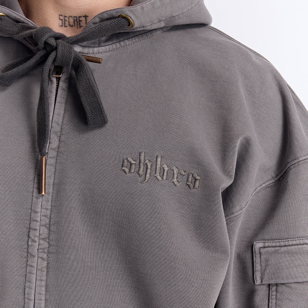 Gri Yıkamalı Kapüşonlu Fermuarlı Oversize Cep Detaylı Sweatshirt